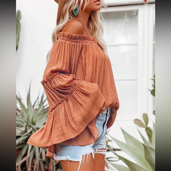 Luxe apricot off shoulder long sleeve casual blouse - Picture 8 of 15